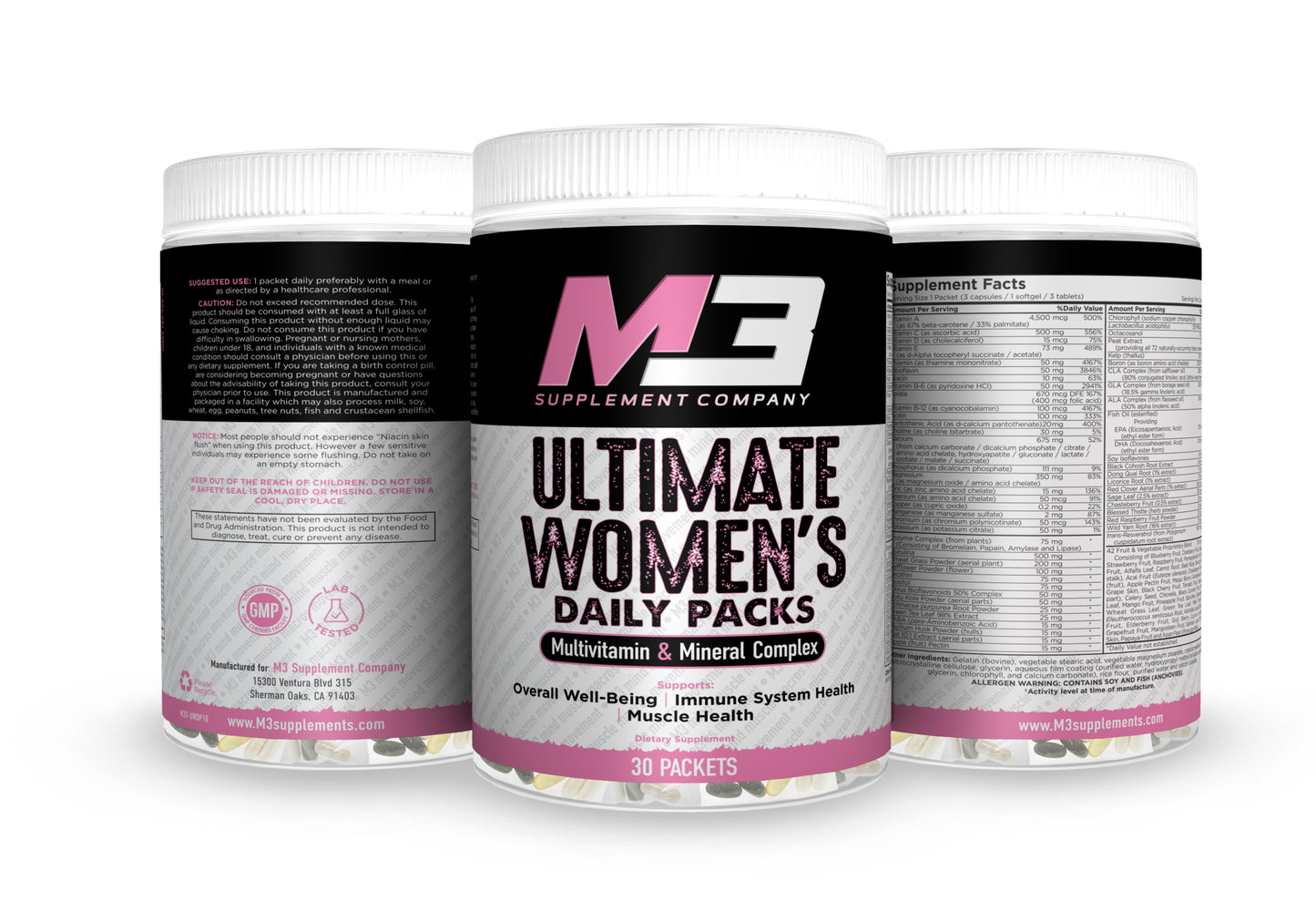 M3 Supplements Company provides the Ultimate Womens Daily Pack. Mutivitamin and Mineral complex. Promotes overall well-being, Immune Sysytem Health, and muscle health.