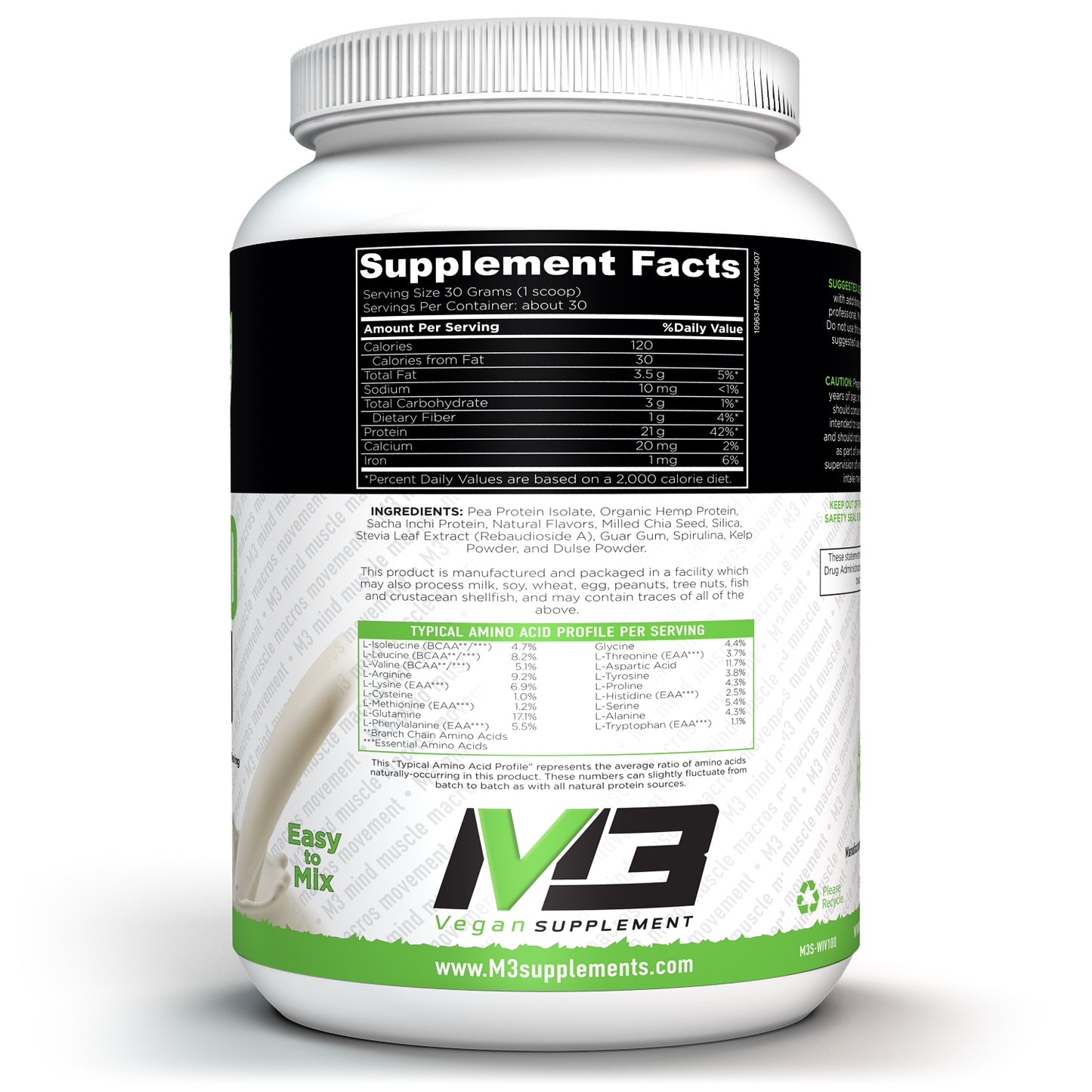 M3 Vegan Plant Based Protein Powder. 21 Grams of Protein per serving. 3 Grams of Carbs per serving. This protein is Cholesterol Free and Low in Sodium. Vanilla fllavor and is a dietery supplement.