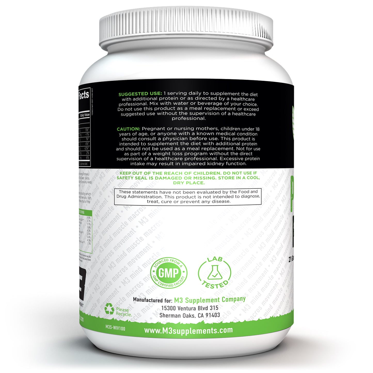 M3 Vegan Plant Based Protein Powder. 21 Grams of Protein per serving. 3 Grams of Carbs per serving. This protein is Cholesterol Free and Low in Sodium. Vanilla fllavor and is a dietery supplement.