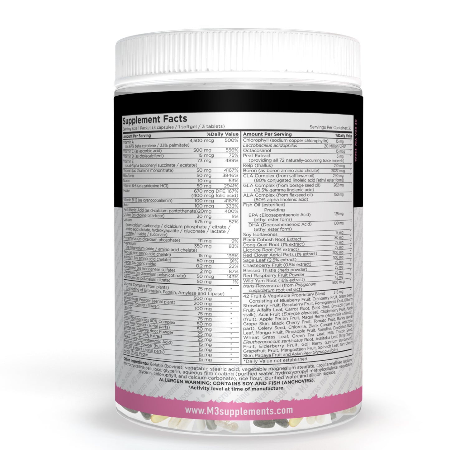 M3 Supplements Company provides the Ultimate Womens Daily Pack. Mutivitamin and Mineral complex. Promotes overall well-being, Immune Sysytem Health, and muscle health.