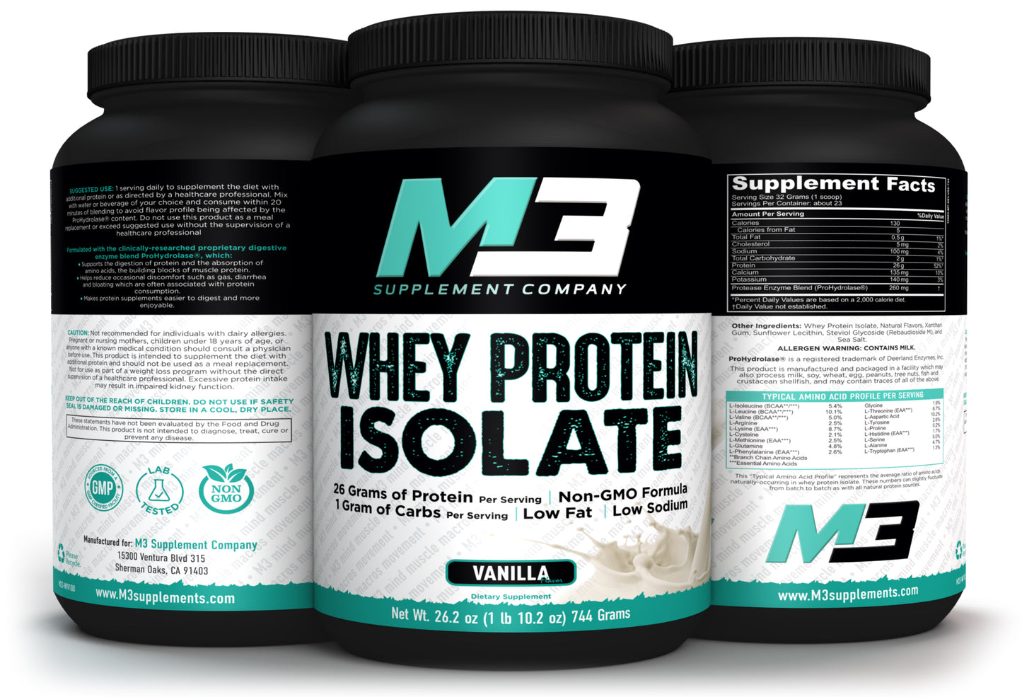 M3 Supplement Company brings you Whey Protein Isolate in Vanilla. With 26 grams of protein per serving, a Non-GMO formula, and 3 grams of carbs per serving. The protein is Low fat and low sodium. This Vanilla flavor is amazing.